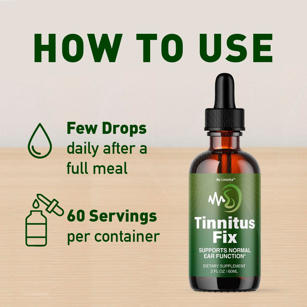 LIVORKA TinnitusFix Drops dropper close up showing convenient liquid format.