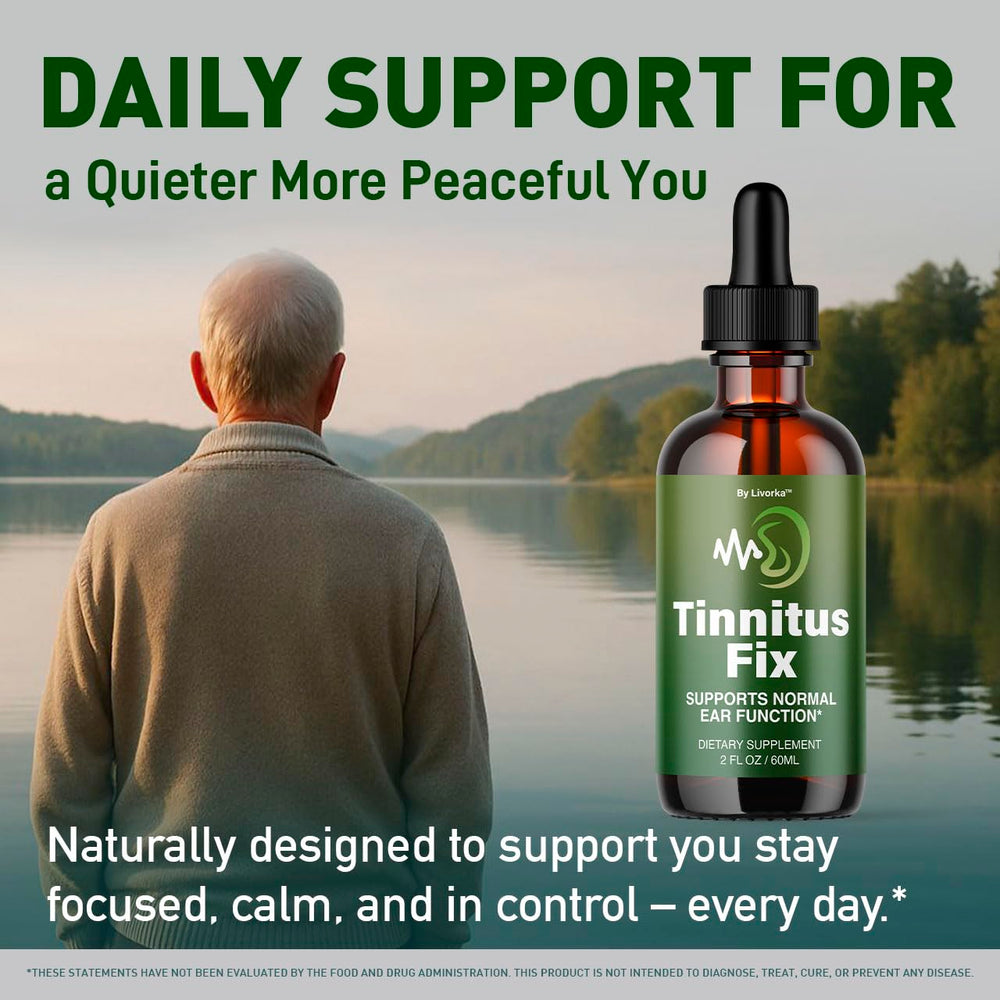 LIVORKA TinnitusFix Drops side by side with ingredients for context.