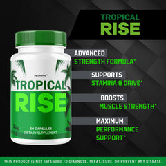 Close-up of Tropical Rise pills highlighting natural ingredients for daily energy support.