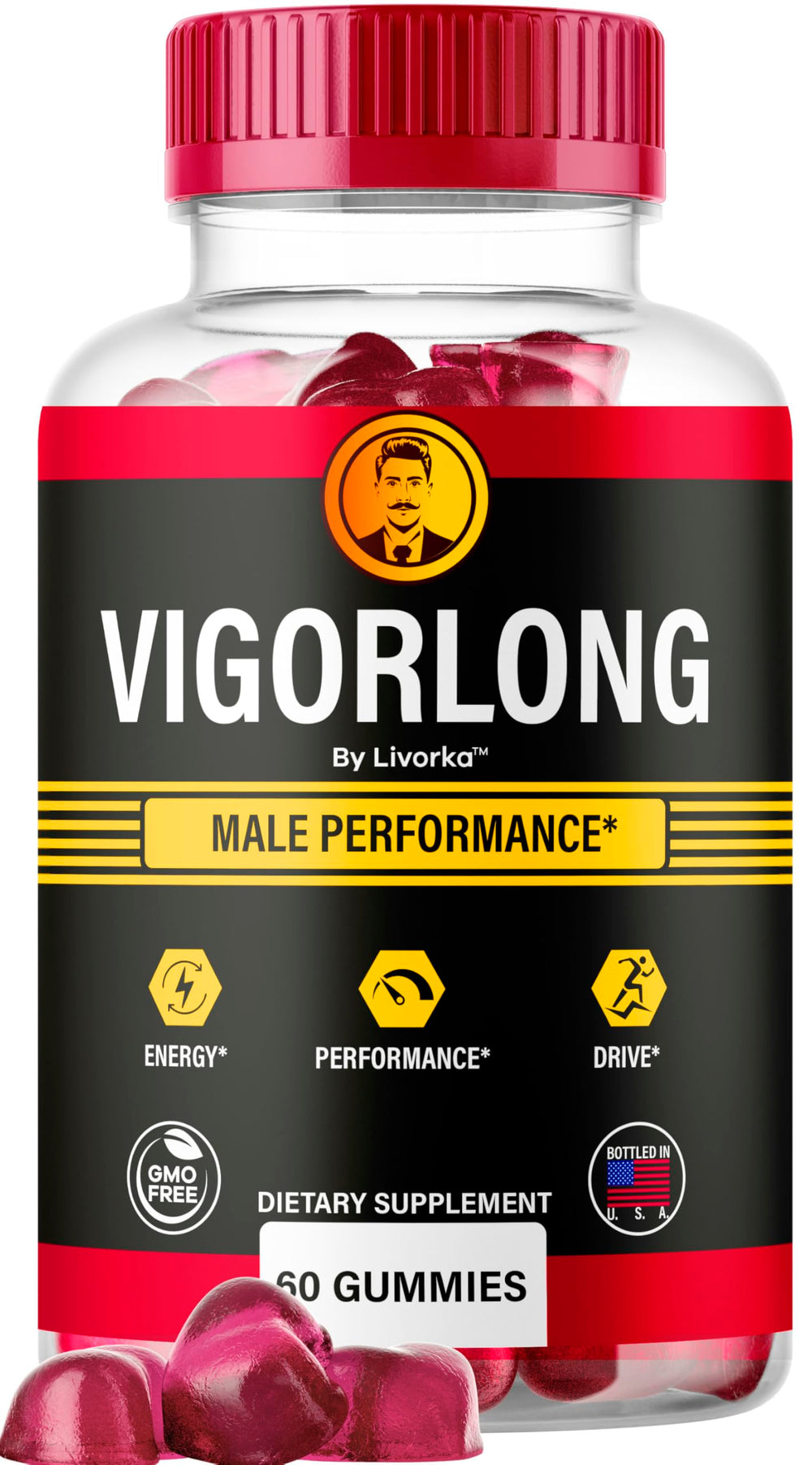 LIVORKA Vigorlong Gummies bottle close-up for daily energy support.