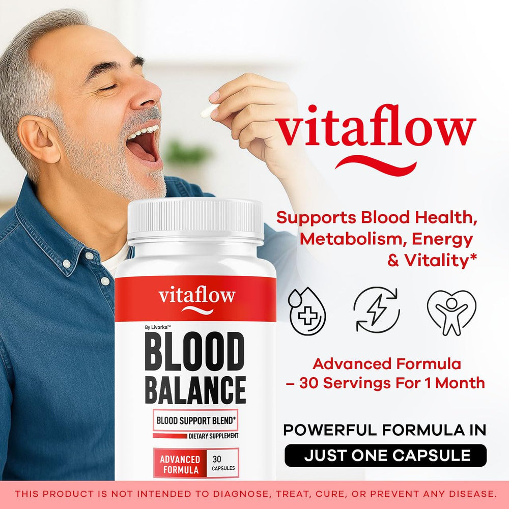 LIVORKA VitaFlow capsules pour illustrating easy intake with water in daily routine