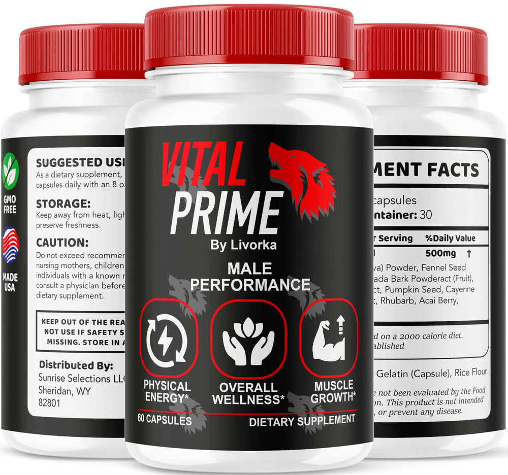 LIVORKA Vital Prime daily routine scene with capsules and water.