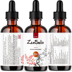Ingredients glass beside LIVORKA ZenSulin Drops bottle with droplets.