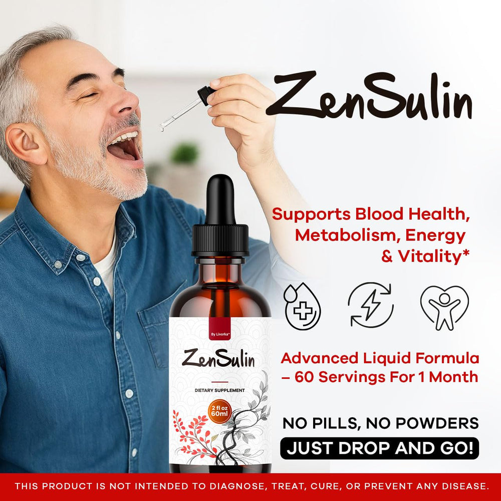 LIVORKA ZenSulin Drops label closeup highlighting an all-natural formula.