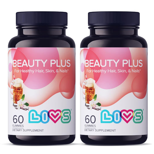 LIVS Beauty Plus Gummies bottle on shelf, cream soda flavor supports hair and nails.