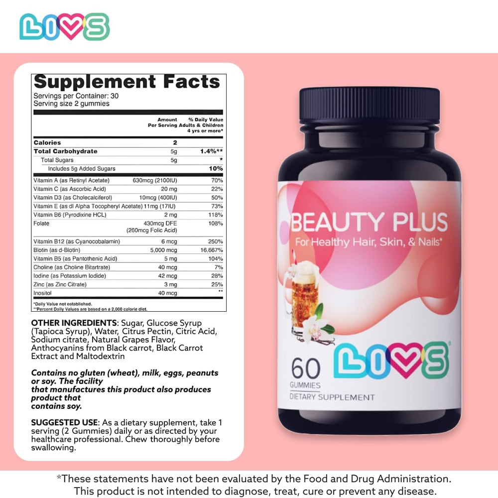 LIVS Beauty Plus jar with label, gluten-free and non-GMO supplement for hair health.