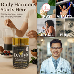 LL Supplement Daily5 vegan and non-GMO labeling on packaging