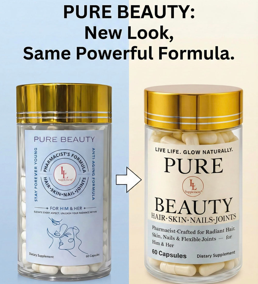 Pure Beauty capsule close-up emphasizes collagen and hyaluronic acid for hydrating benefits.