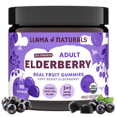 Llama Naturals elderberry gummies bottle highlighting vegan immune support