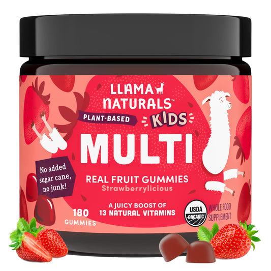 Llama Naturals Kids Multivitamin gummies strawberry bottle supports daily nutrition.