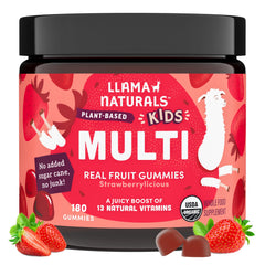 Llama Naturals Kids Multivitamin gummies strawberry bottle supports daily nutrition.