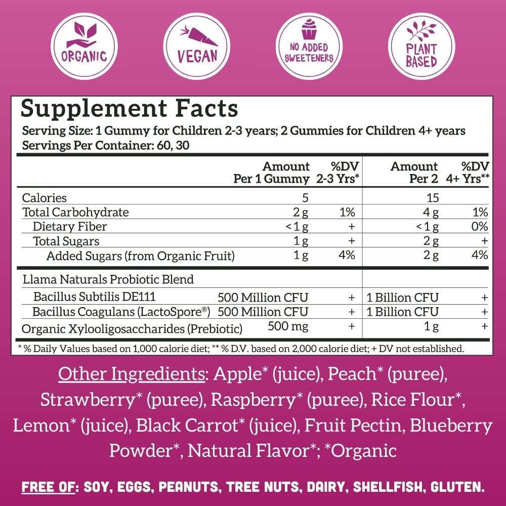 Llama Naturals probiotic gummies label emphasizes vegan ingredients and no artificial additives.