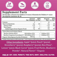 Llama Naturals probiotic gummies label emphasizes vegan ingredients and no artificial additives.
