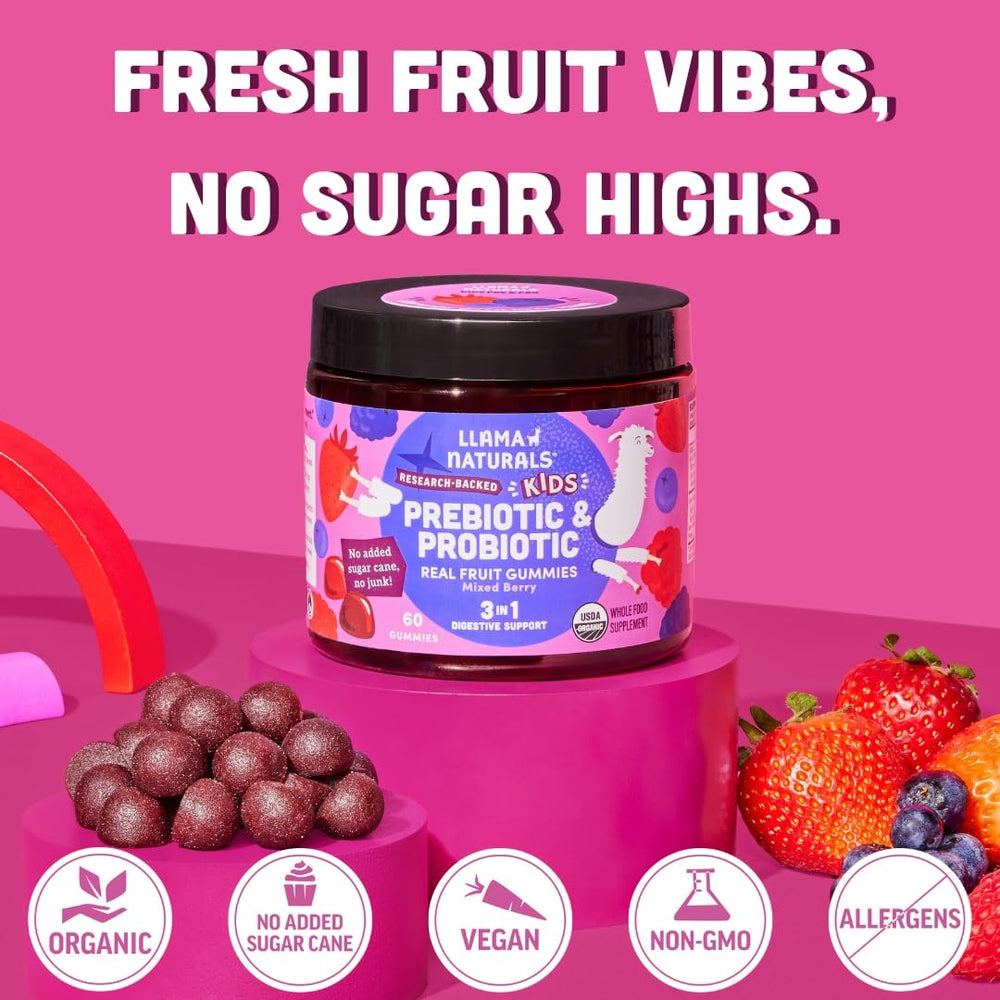 Gummy bottle by Llama Naturals with fruit imagery and no cane sugar claim.