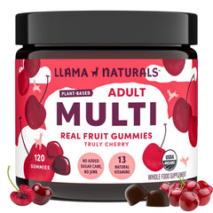 Llama Naturals Multivitamin cherry bottle promotes convenient daily wellness.