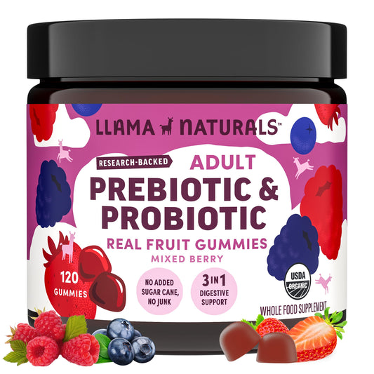 Llama Naturals probiotic bottle front with gummies for daily gut support