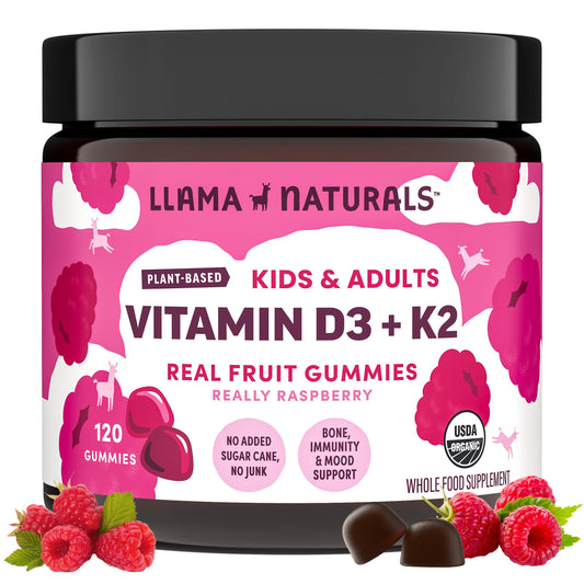 Llama Naturals Vitamin D3 K2 gummies in jar for daily bone support, vegan formula.