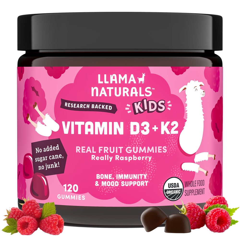 Llama Naturals D3 K2 gummies bottle for kids supports growing bones and immunity.
