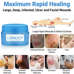 LMNOOP Wound Healing Cream jar close-up highlighting natural ingredients.