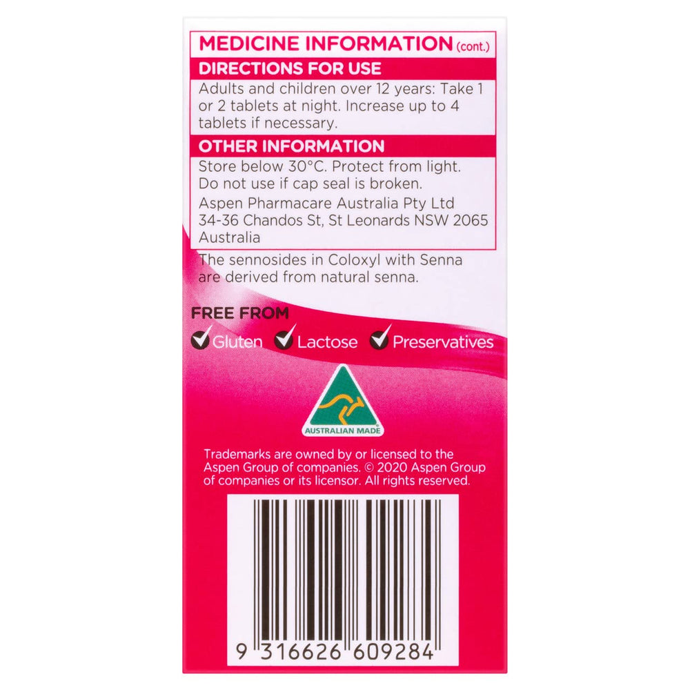 Lnoyui Coloxyl with Senna 200 label closeup highlighting dual-action formula