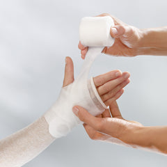 Lohmann & Rauscher Cellona padding application demonstrates easy-tear, non-slip padding for bandages
