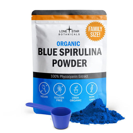 Lone Star Botanicals blue spirulina powder bottle showcasing pure blue-green algae for smoothies and natural color