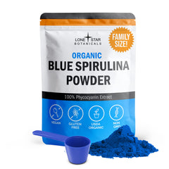 Lone Star Botanicals blue spirulina powder bottle showcasing pure blue-green algae for smoothies and natural color