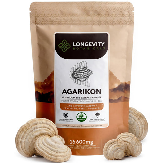 Longevity Botanicals Agarikon powder bottle showing pure fruiting-body extract for immune and respiratory support