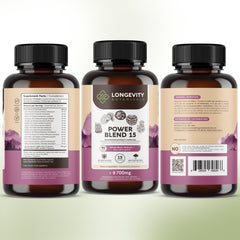 Longevity Botanicals Power 15 bottle on countertop suggesting daily routine use.