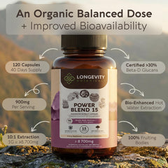 Longevity Botanicals Power 15 label information highlighting organic, vegan, and gluten-free features.