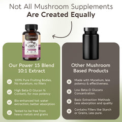 Longevity Botanicals Power 15 mushroom fragments close-up highlighting fruiting bodies.