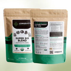 Longevity Botanicals Super Six micronized powder detail suggesting smooth blending.
