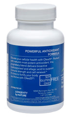 Product label on Longevity by Nature olive leaf extract packaging highlighting organic origin and wellness support.