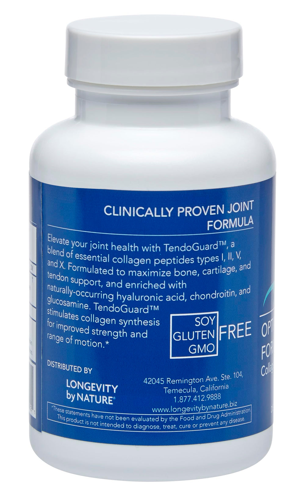 Longevity by Nature TendoGuard bottle shows collagen peptides supporting connective tissue