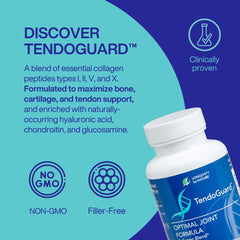 Longevity by Nature TendoGuard label front highlighting collagen and hyaluronic acid benefits