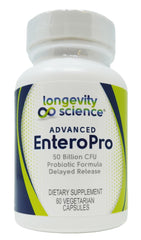 Longevity EnteroPro bottle front view, shelf-stable probiotic for daily support.