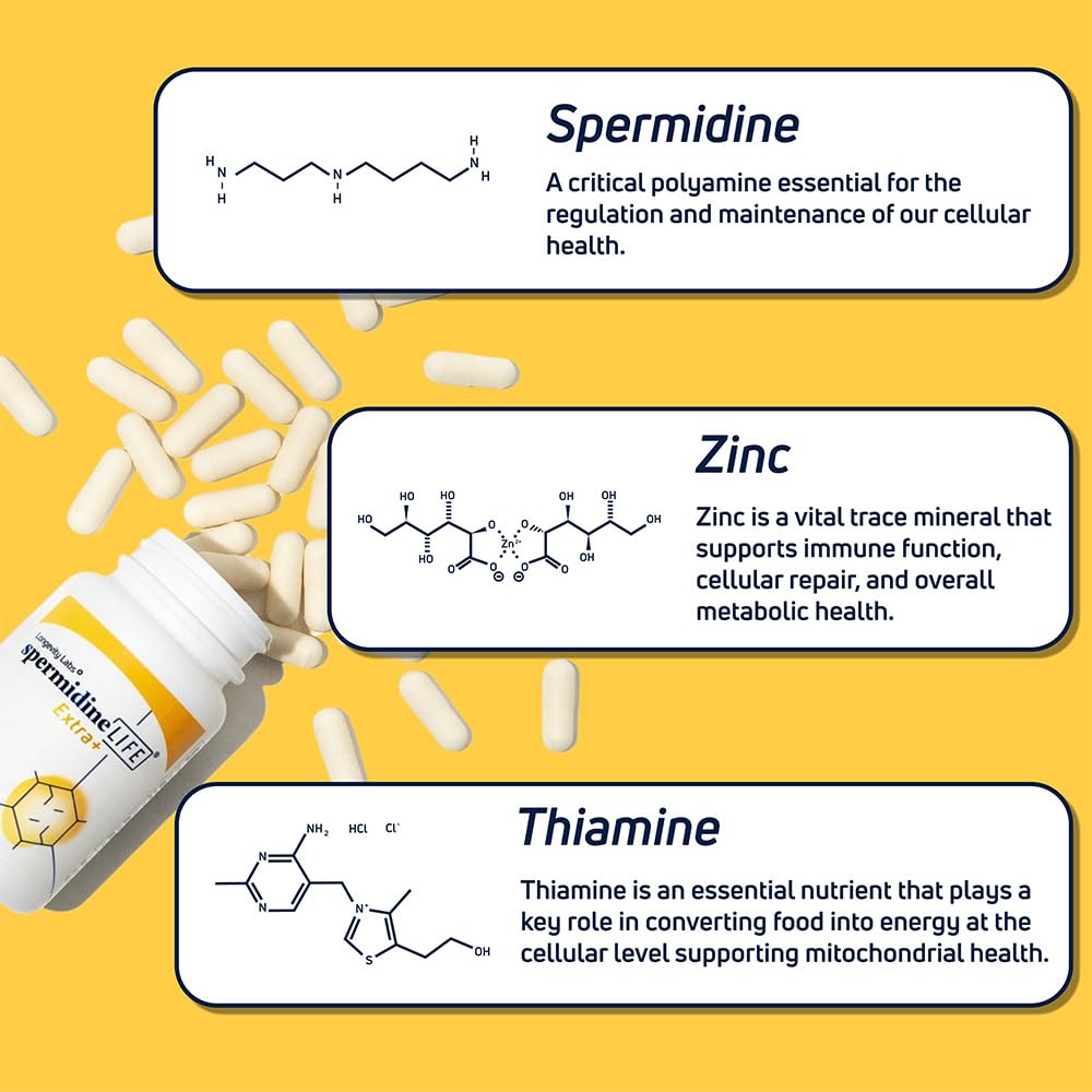 Longevity Labs+ spermidineLIFE Extra+ zinc tablets emphasize mineral support.