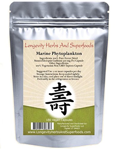 Longevity Marine Phytoplankton powder capsules in bottle highlight purity and energy support.