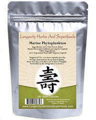 Longevity Marine Phytoplankton powder capsules in bottle highlight purity and energy support.