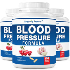 Longevity Premier Blood Pressure Formula bottle with 150 capsules for daily wellness support.