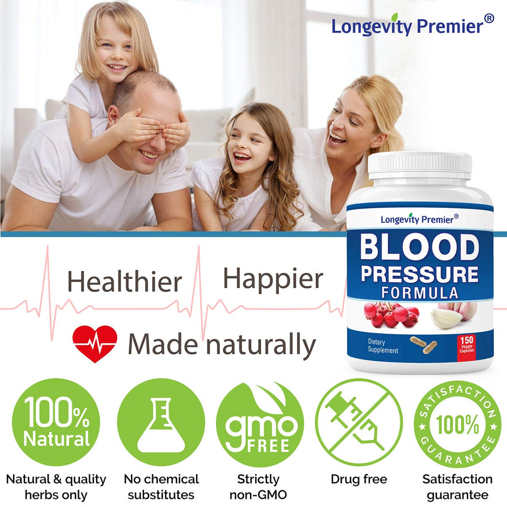 Longevity Premier Blood Pressure Formula capsules highlight 12+ herbs in one bottle for convenience.