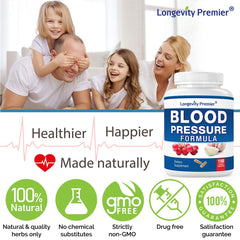 Longevity Premier Blood Pressure Formula capsules highlight 12+ herbs in one bottle for convenience.