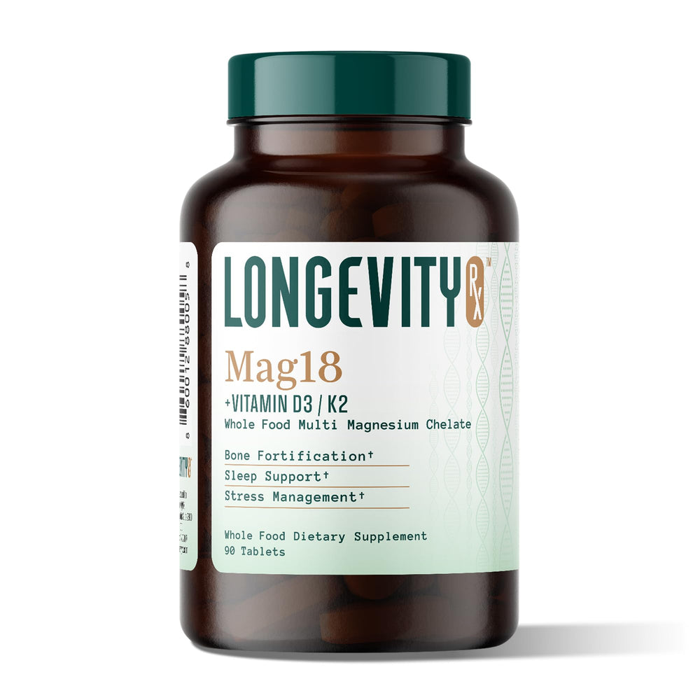 Longevity Rx Mag18 bottle front highlighting bone and sleep support.