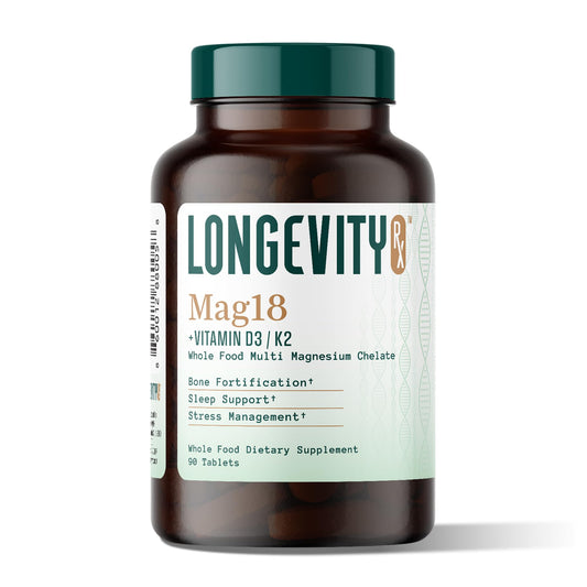 Longevity Rx Mag18 bottle front highlighting bone and sleep support.