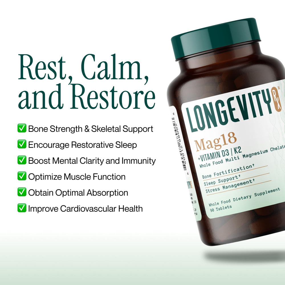 Longevity Rx Mag18 capsules closeup showing uniform, compact pellets for easy dosing.