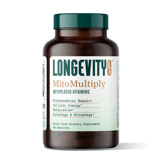 Longevity Rx MitoMultiply bottle front promoting mitochondrial support and energy potential.