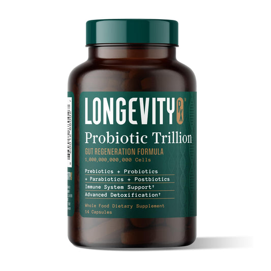 Longevity Rx Probiotic Trillion bottle close-up showing packaging for daily gut health support.