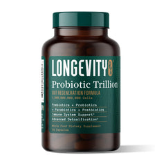 Longevity Rx Probiotic Trillion bottle close-up showing packaging for daily gut health support.