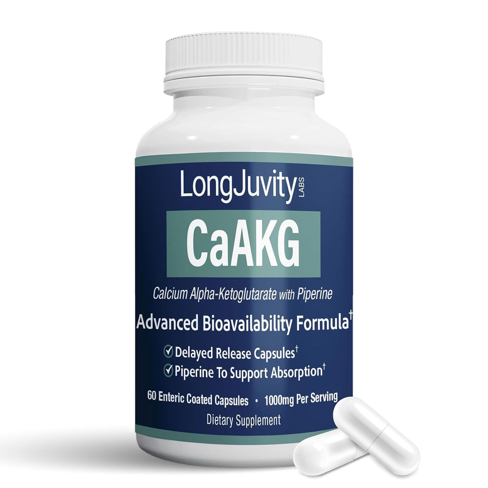 LongJuvity Calcium AKG Time Release bottle with enteric-coated capsules for smooth, steady delivery.