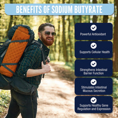LongJuvity Labs Sodium Butyrate lower GI absorption graphic demonstrating hydration balance